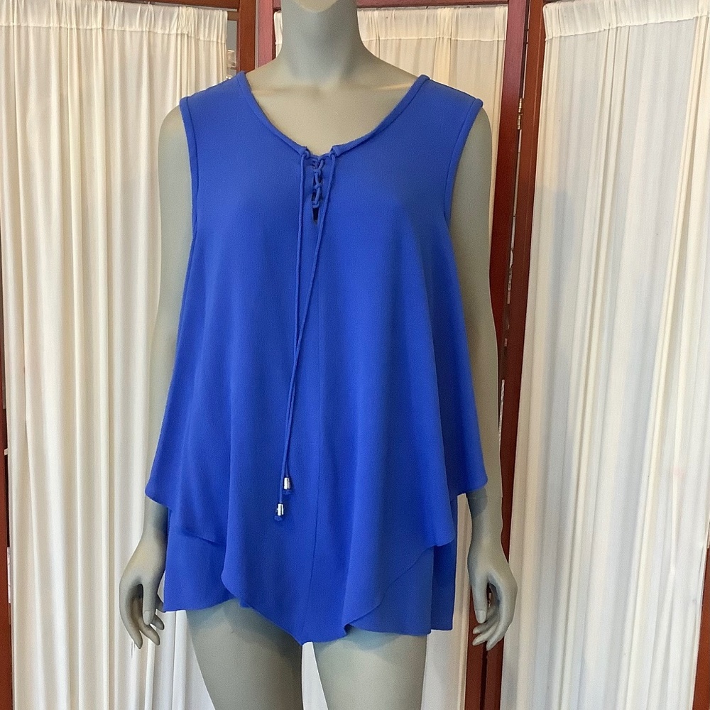 Vince Camuto Sleeveless Blue Blouse Layered Handkerchief Hem Laced Tie Front 2X